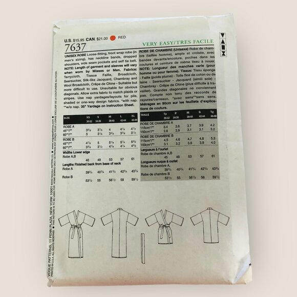Vintage Vogue Sewing Pattern 7637 Unisex Robe Size Medium - Picture 2 of 2
